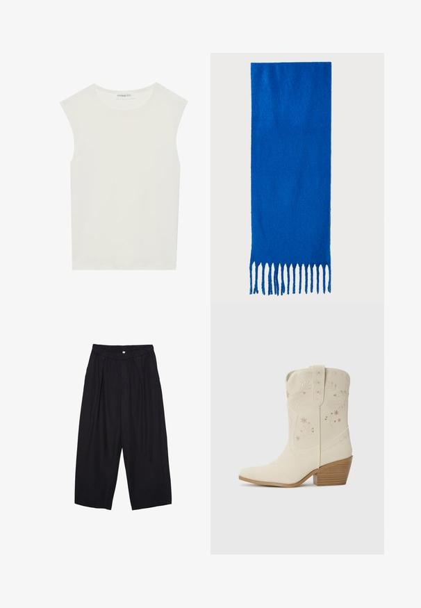 Hvid ærmeløs top med rund halsudskæring. Lavet af glat stof, har den en afslappet pasform og minimalistisk design. Ingen mønstre eller accenter.; Sorte polyester culotte bukser med elastisk talje, to forpiber og en løs silhuet. Ingen synlige mønstre eller hardware detaljer.; Hvide læder cowboystøvler med blomsterbroderi, spids tå og en stabeltræ hæl. Funktioner dekorativ syning på skaftet.; Blå frynset tørklæde lavet af blødt stof; har en ensfarvet overflade med tekstur og jævnt klippede frynser i bunden.; Sort læderhandtaske med et struktureret design, topbærerhåndtag og en detalje i guldfarvet metalklap på fronten. Glat tekstur, minimal syning.