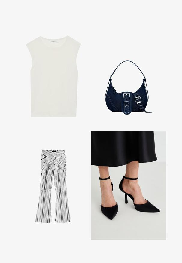 Top alb fără mâneci, cu decolteu rotund. Fabricat dintr-un material neted, prezintă o croială lejeră și un design minimalist. Fără modele sau accente.; Pantaloni evazați alb-negru, cu un model de dungi ondulate. Realizați dintr-un material neted, cu talie ajustată și deschideri late la picioare.; Cizme negre cu vârf ascuțit, dintr-un material neted, cu toc stiletto și o bandă îngustă în jurul gleznei, având un design cu laturi deschise.; Geantă de umăr din denim albastru închis, cu un vârf curbat, accesorii din metal argintiu, detaliu elegant cu cataramă și accente cu tije pe curea. Compartiment cu fermoar vizibil.