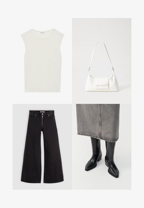 Bílý bezrukávový top s kulatým výstřihem. Vyroben z hladkého materiálu, má volný střih a minimalistický design. Bez vzorů nebo akcentů.; Džíny s širokými nohavicemi v černém denimovém provedení se zipem vpředu, pěti kapsami a jemnými švy. Hladká textura a ležérní styl.; Černé kožené kovbojské boty s špičatou špičkou a chunky podpatkem, s hladkým povrchem a elegantním designem, v kombinaci se šedou sukní.; Bílá syntetická kabelka v trojúhelníkovém tvaru, s plochým předním klopným víkem a detailem mašle, nastavitelným popruhem, hladkým povrchem a minimalistickým designem.