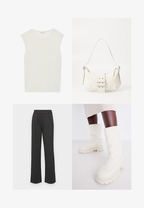 Biely bezrukávový top s okrúhlym výstrihom. Vyrobený z hladkého materiálu, má uvoľnený strih a minimalistický dizajn. Žiadne vzory alebo akcenty.; Čierne nohavice s rovnými nohavicami a elastickým pásom, s prednými záhybmi, z mäkkej látky, bez viditeľných vzorov alebo kovových detailov.; Biele členkové čižmy s jemnou, textúrovanou úpravou, vybavené hrubou gumovou podrážkou a so sochárskym tvarom pre moderný dizajn.; Biela taška cez rameno s textúrovaným povrchom, centrálnou prackou a zakriveným tvarom. Zipsy na oboch stranách.