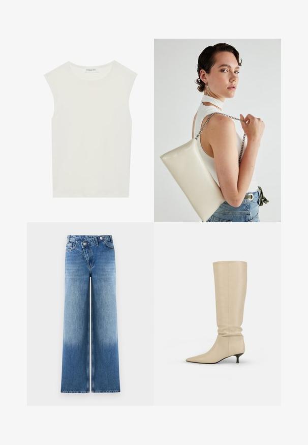 Top blanco sin mangas con escote redondo. Hecho de una tela suave, presenta un corte relajado y un diseño minimalista. Sin patrones ni acentos.; Jeans de pierna ancha en azul claro con un lavado deslavado, que cuentan con un diseño clásico de cinco bolsillos y detalles de botones metálicos en la cintura.; Botas de cuero beige hasta la rodilla con un diseño arrugado, punta afilada y un tacón kitten modesto. Textura suave con detalles de costura mínimos.; Bolso de mano rectangular blanco, hecho de un material brillante, con una cadena plateada. La modelo posa, mostrando el bolso frente a un fondo liso.