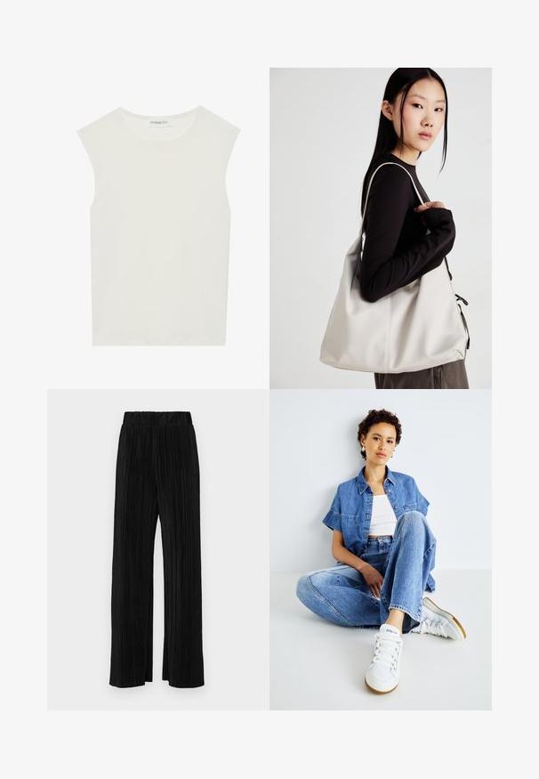 Weißes ärmelloses Top mit rundem Ausschnitt. Hergestellt aus glattem Stoff, hat es einen lässigen Schnitt und minimalistisches Design. Keine Muster oder Akzente.; Schwarze plissierte Hose mit elastischem Bund. Verfügt über weite Hosenbeine und einen glatten, strukturierten Stoff mit vertikalen Streifen.; Zwei-teiliges Denim-Outfit bestehend aus einem hellblauen, verkürzten Hemd mit kurzen Ärmeln und hoch sitzenden Jeans. Kombiniert mit weißen Sneakers.; Beige Handtasche aus weichem Material, mit einem lässigen Design, gesteppten Details und zwei Schulterriemen. Geeignet für den täglichen Gebrauch.