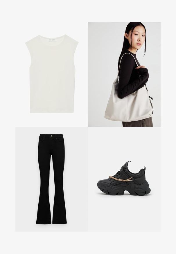 Valge ilma varrukateta topp ümmarguse kaelusega. Valmistatud siledast kangast, sellel on mugav lõige ja minimalistlik disain. Ei ole mustreid ega aksessuaare.; Mustad kõrge vöökohtadega teksad, millel on nööp ja lukuga sulgemine, esikäe taskud ja laienevad sääred, asetatud tasasele valgele taustale.; Mustad nahast mustad tossud, millel on paks tald ja kuldne kett detail üle osa. Tekstuuriga viimistlus ja ümmargune kuju.; Bež käekott pehme materjali, millel on lõtv disain, õmblustega detailid ja kaks õlarihma. Sobib igapäevaseks kasutamiseks.