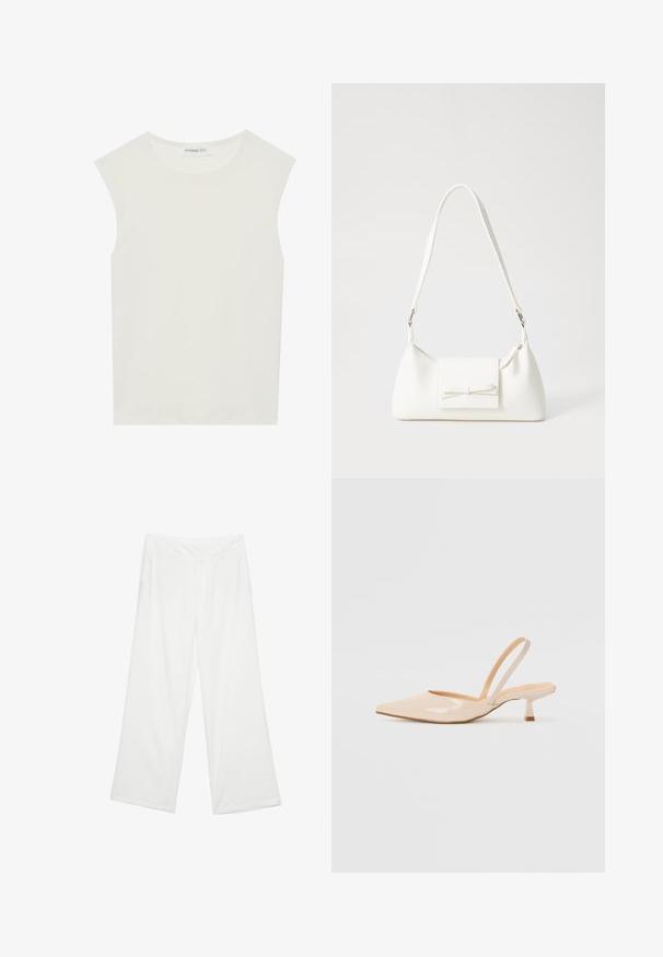 Weißes ärmelloses Top mit rundem Ausschnitt. Hergestellt aus glattem Stoff, hat es einen lässigen Schnitt und minimalistisches Design. Keine Muster oder Akzente.; Weite Beinhosen aus weißem Stoff mit glatter Textur, vorderen Taschen und einem klassischen Bund mit Gürtelschlaufen.; Beige Lackleder Slingback-Pumps mit spitzem Vorderteil und einem schlanken, quadratischen Absatz. Glatte Textur und minimalistisches Design ohne Verzierungen.; Weiße synthetische Handtasche in dreieckiger Form, flache Vorderklappe und Schleifendetail, verstellbarer Trageriemen, glatte Textur und minimalistisches Design.