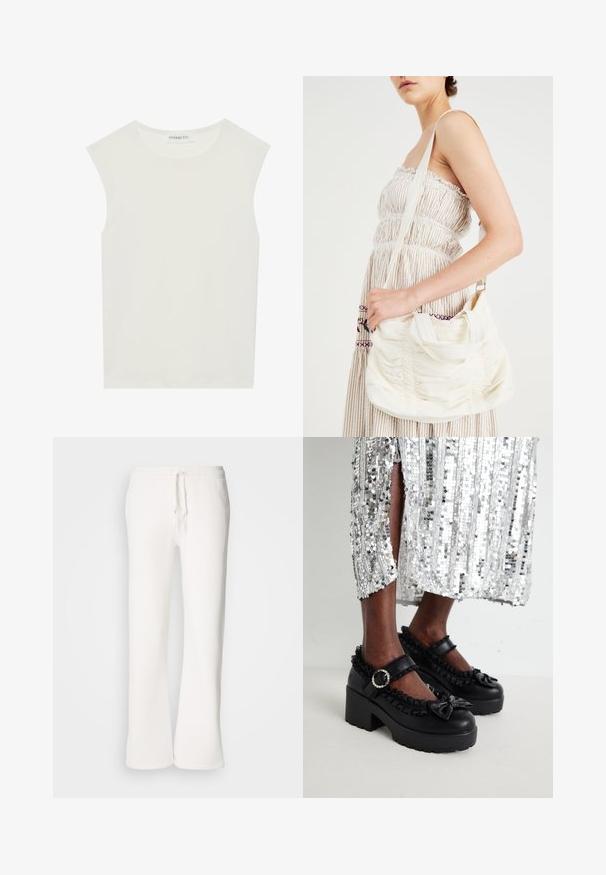 Hvit ermeløs topp med rund hals. Laget av glatt stoff, har den en avslappet passform og minimalistisk design. Ingen mønstre eller detaljer.; Hvite, avslappede joggebukser laget av myk stoff, med elastisk liv med snor og rett ben-design.; Koi Footwear TIRA RUFFLE MARY JANE DARK DELIGHTS EDITION - Platåsko - black; Hvit stoff skulderveske med samlet tekstur, justerbar stropp og sølvfarget hardware. Vist sammen med en kremfarget kjole.