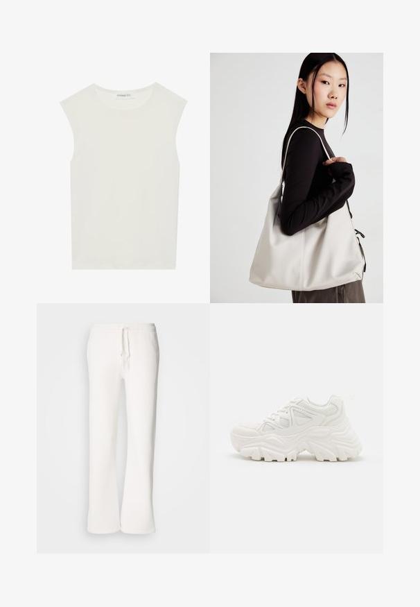 Top bianco senza maniche con scollatura rotonda. Realizzato in tessuto liscio, presenta una vestibilità rilassata e un design minimalista. Nessun motivo o accentuazione.; Pantaloni della tuta bianchi, a vestibilità ampia, realizzati in tessuto morbido, con vita elastica dotata di laccetto e design a gamba dritta.; Sneaker chunky bianchi con una parte superiore testurizzata, pannelli in mesh e suole di gomma spesse con un modello di battistrada prominente. Inclusi lacci e linguetta per il tallone.; Borsa a mano beige realizzata in materiale morbido, caratterizzata da un design morbido, dettagli cuciti e due manici. Adatta per l'uso quotidiano.