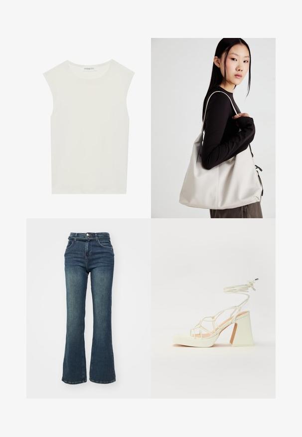 Haut sans manches blanc avec un col rond. Fabriqué en tissu lisse, il présente une coupe décontractée et un design minimaliste. Pas de motifs ni d'accents.; Jean flare bleu foncé à taille haute, conçu en denim. Comprend des poches avant, une fermeture à bouton et un léger dégradé sur les cuisses.; Sandale blanche à talons hauts avec un talon épais, présentant un design à lanières et un lien autour de la cheville. Texture lisse avec une plateforme à l'avant pour une hauteur supplémentaire.; Sac à main beige en matériau souple, avec un design décontracté, des détails cousus et deux poignées. Idéal pour un usage quotidien.