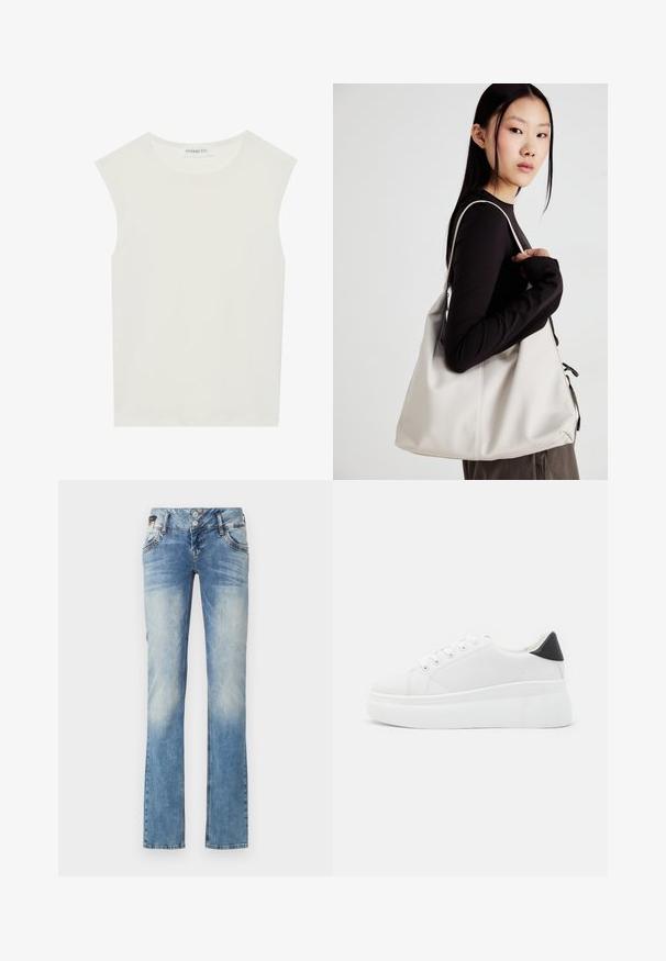 Bela brezrokavnica s okroglim izrezom. Narejena iz gladkega materiala, ima sproščen kroj in minimalističen dizajn. Brez vzorcev ali okrasnih elementov.; Svijetloplave traperice s ravnim nogavicama, koje imaju zatvaranje na pet dugmadi, prednje džepove i suptilne detalje u izblijedjelosti.; Bele platform tenisice izdelane iz gladkega sintetičnega materiala, z zaobljenim prstom, sistemom vezalk in teksturiranim gumijastim podplatom. Črn dodatek na peti.; Bežna torbica iz mehkega materiala, z ohlapno zasnovo, šivi in dvema naramnicama. Primerna za vsakodnevno uporabo.