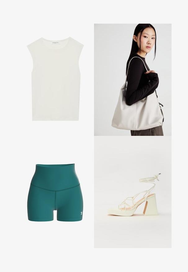 Witte mouwloze top met een ronde halslijn. Gemaakt van gladde stof, het heeft een losse pasvorm en een minimalistisch ontwerp. Geen patronen of accenten.; Hoge taille turQUOISE shorts van soepel materiaal, met een aansluitend ontwerp en een eenvoudig logo-accent aan de onderzijde aan de rechterkant.; Witte hoge hakken sandaal met een chunky hak, met een bandjesontwerp en enkelband. Gladde textuur met een plateau voor extra hoogte.; Beige handtas gemaakt van zacht materiaal, met een slonzig ontwerp, gestikte details en twee schouderbanden. Geschikt voor dagelijks gebruik.