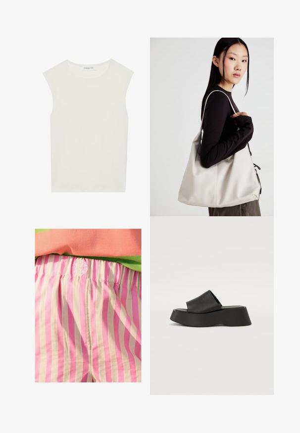 Balts bez piedurknēm tops ar apaļu kakla izgriezumu. Izgatavots no gludas auduma, tam ir brīvs piegriezums un minimālistisks dizains. Nav nekādas rakstainības vai akcentu.; Rozā un krēmkrāsas svītraini auduma šorti ar elastīgu jostasvīgu. Jostasvīgā ir izšuvums ar logo detaļu. Gluda tekstūra.; Melni platforma sandales ar plata joslu un masīva zoli. Izgatavotas no gludas materiāla ar matētu apdari un bez redzamām detaļām.; Bežs rokassoma, izgatavota no mīksta materiāla, ar brīvu dizainu, izšūtu apdari un divām plecu siksnām. Piemērota ikdienas lietošanai.
