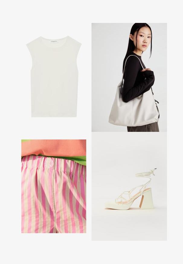 Valge ilma varrukateta topp ümmarguse kaelusega. Valmistatud siledast kangast, sellel on mugav lõige ja minimalistlik disain. Ei ole mustreid ega aksessuaare.; Roosa ja kreemipruunides triibutes kangast lühikesed püksid, millel on elastne vöökoht. Vöökoha peal on tikandiga logo detail. Sile tekstuur.; Valged kõrge kontsaga sandaalid, millel on paks konts ja rihmadega disain koos pahkluu sidumisega. Sile tekstuur ja platvorm ees, et lisada kõrgust.; Bež käekott pehme materjali, millel on lõtv disain, õmblustega detailid ja kaks õlarihma. Sobib igapäevaseks kasutamiseks.