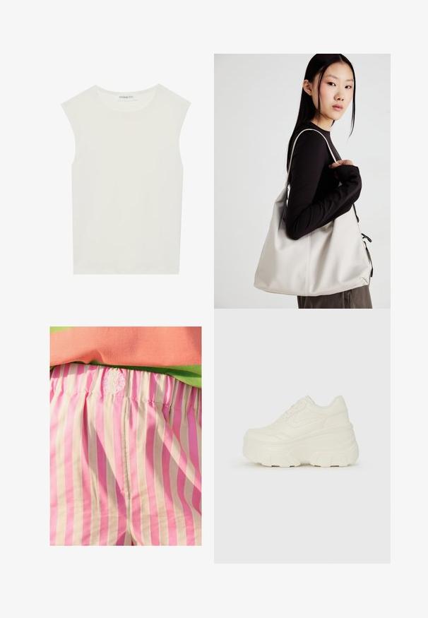 Top bianco senza maniche con scollatura rotonda. Realizzato in tessuto liscio, presenta una vestibilità rilassata e un design minimalista. Nessun motivo o accentuazione.; Shorts di tessuto a righe rosa e crema con vita elastica. Presenta un dettaglio del logo ricamato sulla vita. Texture liscia.; Sneakers bianchi con piattaforma, caratterizzati da una parte superiore simile alla pelle liscia, forma arrotondata, collo imbottito e suola in gomma testurizzata con scanalature ben definite.; Borsa a mano beige realizzata in materiale morbido, caratterizzata da un design morbido, dettagli cuciti e due manici. Adatta per l'uso quotidiano.