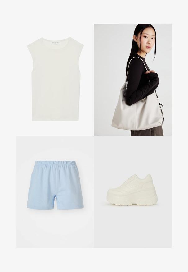 Fehér ujjatlan felső, kerek nyakkivágással. Simább anyagból készült, laza fazonnal és minimalista kialakítással rendelkezik. Nincsenek minták vagy díszítések.; Világoskék pamut rövidnadrág rugalmas derékkal. Egyszerű, sima textúrával rendelkezik, és a comb közepéig ér. Zsebek nincsenek.; Fehér platform sportcipők, sima bőrszerű felsőrésszel, kerek formával, párnázott bokával és texturált gumitalppal, jól definiált mintázattal.; Puha anyagból készült bézs kézitáska, laza dizájnnal, varrott részletekkel és két vállpánttal. Mindennapi használatra alkalmas.