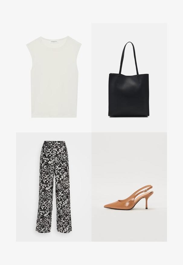 Valge ilma varrukateta topp ümmarguse kaelusega. Valmistatud siledast kangast, sellel on mugav lõige ja minimalistlik disain. Ei ole mustreid ega aksessuaare.; Laiad püksid, millel on must-valge abstraktne muster. Valmistatud kergetest kangast, millel on sile tekstuur ja kõrge vöödisain.; Küüntega slingback konts, mis on valmistatud siledast ja läikivast tan värvi materjalist. Omab kaarjat lõigatud disaini ja õhukest stiletto kontsa. Hõbedane pandla detail.; Mustast nahast kott sujuva tekstuuriga, ristkülikukujuline ja kahe pika sangaga. Pole nähtavat riistvara ega kaunistusi.