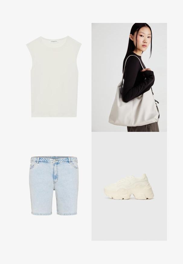 Weißes ärmelloses Top mit rundem Ausschnitt. Hergestellt aus glattem Stoff, hat es einen lässigen Schnitt und minimalistisches Design. Keine Muster oder Akzente.; Helle blaue Denim-Shorts mit geradem Schnitt, fünf Taschen und sichtbaren Nähten. Verfügt über einen Knopf- und Reißverschluss.; Flockige weiße Sneaker aus strukturiertem Mesh und synthetischen Materialien, mit einer dicken Sohle und komplizierten Mustern entlang der Seiten.; Beige Handtasche aus weichem Material, mit einem lässigen Design, gesteppten Details und zwei Schulterriemen. Geeignet für den täglichen Gebrauch.