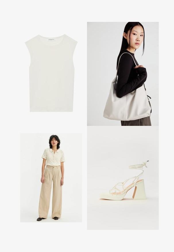 Valkoinen hihaton paita, jossa on pyöreä kaula-aukko. Valmistettu sileästä kankaasta, siinä on rento istuvuus ja minimalistinen muotoilu. Ei kuvioita tai koristeita.; Kanan levelejä beiget hameet, joissa on korkea vyötärö ja taitteet, yhdistettynä kermaiseen, teksturoituun, lyhythihaiseen neulevillatakkiin. Mustat kengät.; Valkoinen korkokenkä, jossa on paksu korko, ja joka sisältää nauhakiinnityksen ja nilkkaketjun. Sujuva pinta, jossa on platform-etupohja lisäkorkeutta varten.; Beige laukku, joka on valmistettu pehmeästä materiaalista, ja siinä on rento muotoilu, ommeltu yksityiskohtia ja kaksi olkahihnaa. Sopii päivittäiseen käyttöön.