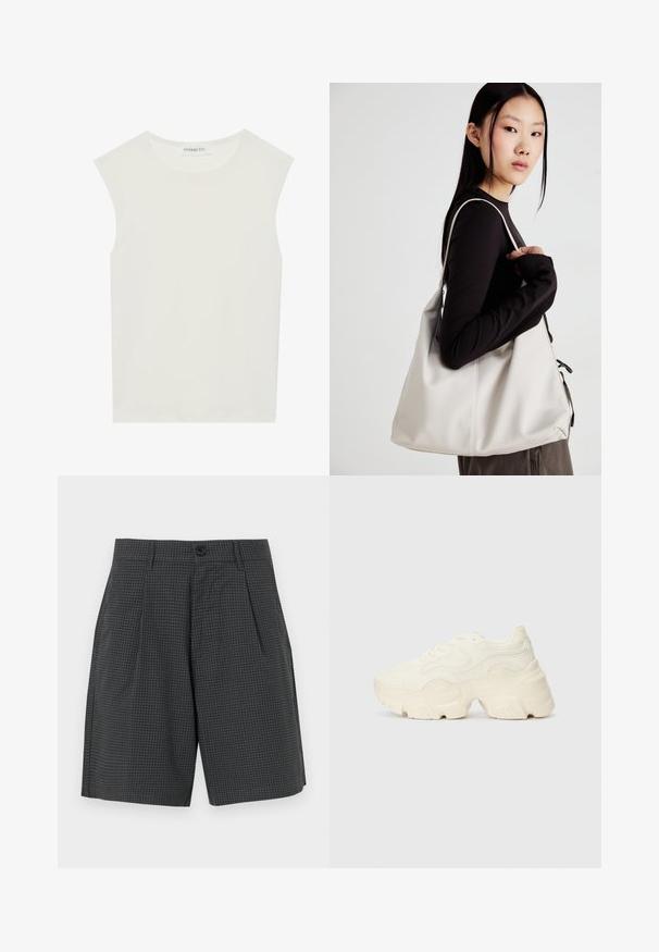 Top branco sem mangas com decote redondo. Feito de um tecido liso, apresenta um corte descontraído e um design minimalista. Sem padrões ou detalhes.; Calções cinza escuro com um padrão em grelha, apresentando pregas, bolsos laterais e um fecho de botão na cintura. Textura de tecido suave.; Sapatilhas brancas chunky feitas de malha texturizada e materiais sintéticos, apresentando uma sola espessa e detalhes de padrão intrincados ao longo dos lados.; Uma bolsa bege feita de material macio, com um design descontraído, detalhes de costura e duas alças para o ombro. Adequada para uso diário.