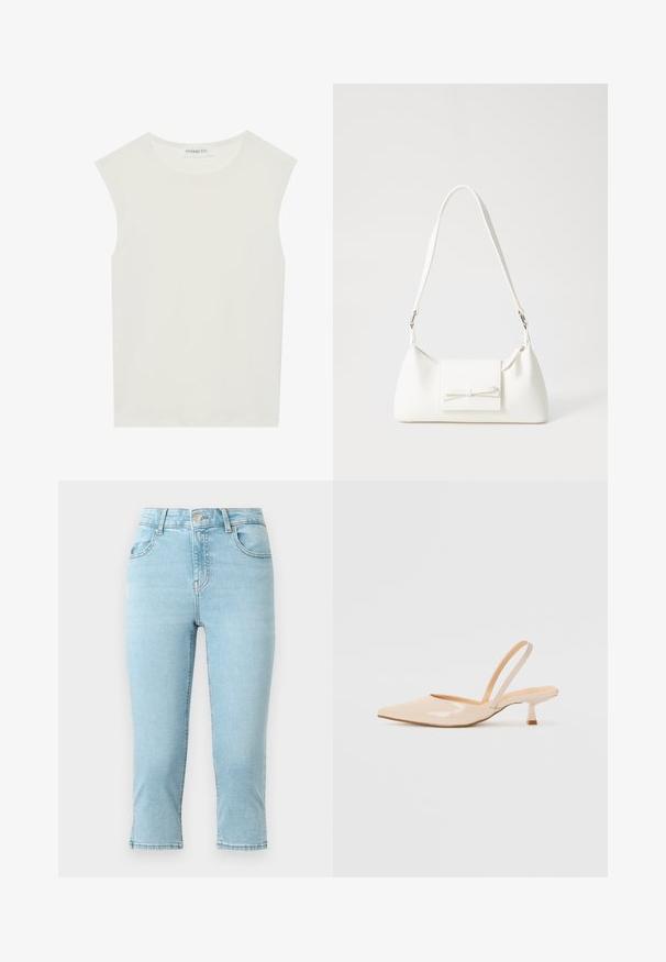 Balts bez piedurknēm tops ar apaļu kakla izgriezumu. Izgatavots no gludas auduma, tam ir brīvs piegriezums un minimālistisks dizains. Nav nekādas rakstainības vai akcentu.; Gaiši zili džinsu bikses ar augsto jostasvietu, īsu garumu, piecām kabatām un šūšanas detaļām gar šuvēm un apakšmalu.; Bežīgas lakotas ādas slingback papēži ar smailu purngalu un šauru, kvadrātveida papēdi. Gluda tekstūra un minimālistisks dizains bez dekorēšanas elementiem.; Balta sintētiska soma ar trīsstūrveida formu, plakanu priekšējo vāciņu un loku detaļu, regulējamu siksnu, gludu tekstūru un minimālistisku dizainu.
