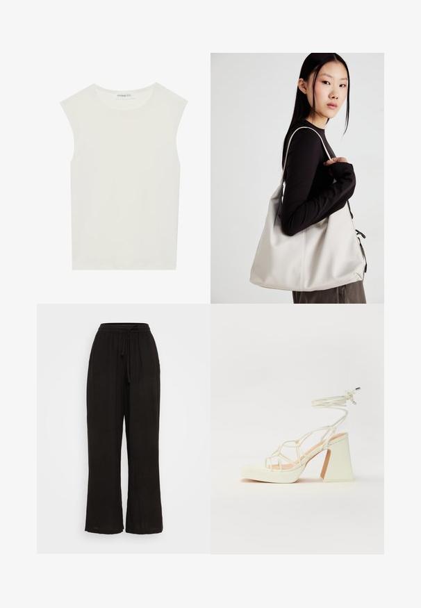 Balta be rankovių palaidinė su apvaliu kaklu. Pagaminta iš lygios medžiagos, ji turi laisvą siluetą ir minimalistinį dizainą. Be raštų ar akcentų.; Juodos platėjančios kelnės pagamintos iš lengvos medžiagos, turi elastinį juosmenį su raišteliu. Lygus paviršius ir pilno ilgio dizainas.; Balti aukštakulniai sandalai su masyviu kulnu, su dirželių dizainu ir kulkšnies raiščiu. Lygi tekstūra su platforma priekyje, suteikianti papildomą aukštį.; Bežinė rankinė, pagaminta iš minkštos medžiagos, turinti laisvą dizainą, siuvinėtas detalės ir dvi petnešos. Tinkama kasdieniam naudojimui.