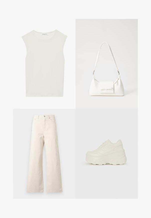 Haut sans manches blanc avec un col rond. Fabriqué en tissu lisse, il présente une coupe décontractée et un design minimaliste. Pas de motifs ni d'accents.; Pantalons beige à jambes larges en coton, avec une fermeture à bouton sur le devant, des poches latérales et une texture lisse. Design minimaliste sans motifs.; Baskets plateformes blanches avec une tige en simili cuir lisse, une forme arrondie, un col rembourré et une semelle en caoutchouc texturé avec des crampons définis.; Sac à main synthétique blanc en forme triangulaire, avec un rabat avant plat et un détail en nœud, une bandoulière ajustable, une texture lisse et un design minimaliste.