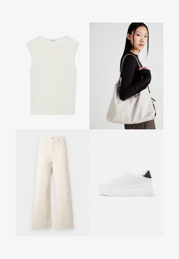 White sleeveless top with a round neckline. Made of smooth fabric, it features a relaxed fit and minimalist design. No patterns or accents.; Beige wide-leg pants made of cotton, featuring a front button closure, side pockets, and a smooth texture. Minimalistic design with no patterns.; White platform sneakers made of smooth synthetic material, featuring a rounded toe, lace-up design, and a textured rubber sole. Black heel accent.; Beige handbag made of soft material, featuring a slouchy design, stitched detailing, and two shoulder straps. Suitable for everyday use.
