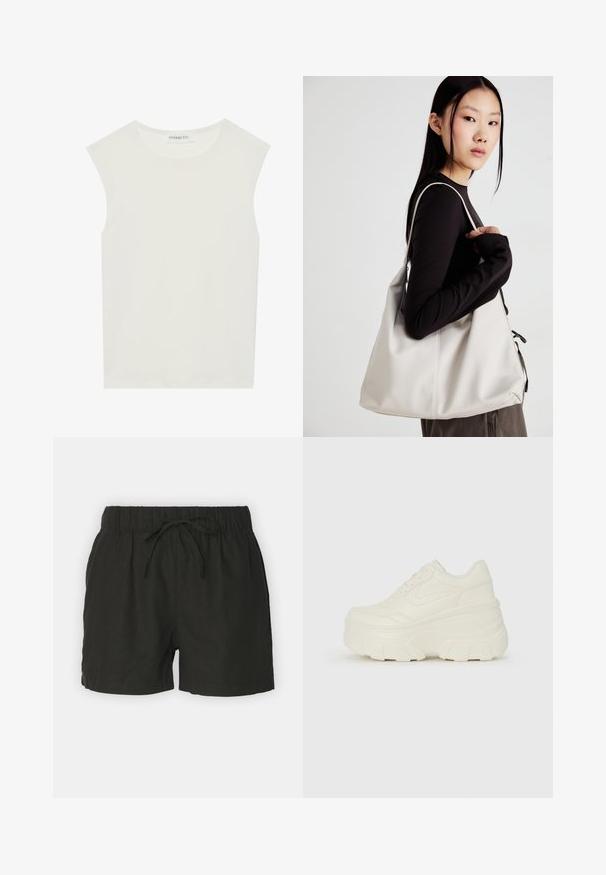 Top branco sem mangas com decote redondo. Feito de um tecido liso, apresenta um corte descontraído e um design minimalista. Sem padrões ou detalhes.; Bermudas pretas em linho com um cós elástico e cordão ajustável. Apresentam um design simples e uma textura respirável.; Tênis brancos de plataforma com um cabedal suave semelhante a couro, formato arredondado, colarinho acolchoado e sola de borracha texturizada com ranhuras bem definidas.; Uma bolsa bege feita de material macio, com um design descontraído, detalhes de costura e duas alças para o ombro. Adequada para uso diário.