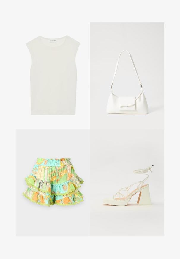 Fehér ujjatlan felső, kerek nyakkivágással. Simább anyagból készült, laza fazonnal és minimalista kialakítással rendelkezik. Nincsenek minták vagy díszítések.; Színes, réteges sort elasztikus derékrésszel, zöld, narancs és kék mintákkal, fodros szegéllyel.; Fehér, magassarkú szandál vastag sarokkal, pántos dizájnnal és bokapánttal. Sima textúra, elülső platformmal a megnövelt magasság érdekében.; Fehér szintetikus kézitáska, háromszög alakú, lapos előlap, masni részlettel, állítható pánttal, sima textúrával és minimalista dizájnnal.