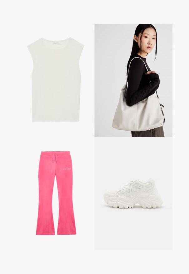 Balts bez piedurknēm tops ar apaļu kakla izgriezumu. Izgatavots no gludas auduma, tam ir brīvs piegriezums un minimālistisks dizains. Nav nekādas rakstainības vai akcentu.; Rozā platu sviedru bikses, izgatavotas no mīksta materiāla, ar auklu jostasvietā un rhinestone "JUICY" logotipu kreisajā gurnā.; Baltas masīvkājas sporta apavi ar strukturētu virsu, sieta paneļiem un biezu gumijas zoli ar izteiktu protektora rakstu. Iekļautas auklas un cilpa uzvilkšanai.; Bežs rokassoma, izgatavota no mīksta materiāla, ar brīvu dizainu, izšūtu apdari un divām plecu siksnām. Piemērota ikdienas lietošanai.