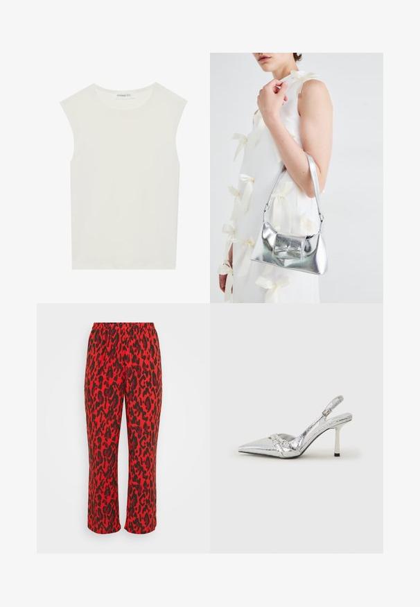 Top branco sem mangas com decote redondo. Feito de um tecido liso, apresenta um corte descontraído e um design minimalista. Sem padrões ou detalhes.; Calças de estampa de leopardo vermelho com detalhes pretos, apresentando um cós elástico e um design de perna reta. Feitas de um tecido macio e leve.; Sapato de salto alto slingback prateado com bico fino, acabamento metálico, duas correias decorativas e um salto esbelto com ponta preta.; Bolsa metálica prateada com uma forma estruturada, apresentando uma alça superior e um detalhe de laço na frente. Textura suave, acabamento reflexivo.