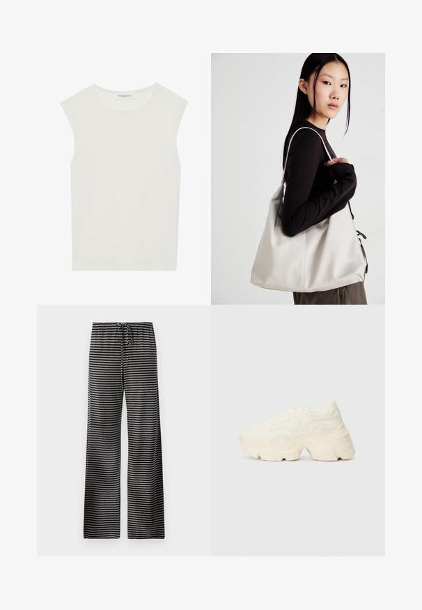 Fehér ujjatlan felső, kerek nyakkivágással. Simább anyagból készült, laza fazonnal és minimalista kialakítással rendelkezik. Nincsenek minták vagy díszítések.; Csíkos pizsamás nadrág fekete és szürke színben, laza szabású, elasztikus derékpánttal, kötőfűzővel és puha anyagú textúrával.; Tömbös fehér sneakers, amely texturált hálóból és szintetikus anyagokból készült, vastag talppal és bonyolult mintázattal az oldalakon.; Puha anyagból készült bézs kézitáska, laza dizájnnal, varrott részletekkel és két vállpánttal. Mindennapi használatra alkalmas.