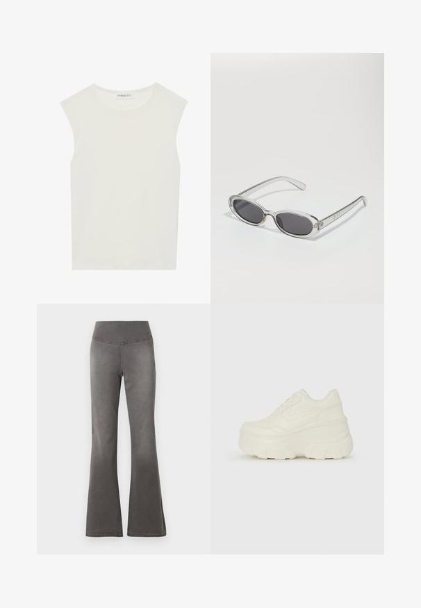 Bijela majica bez rukava s okruglim izrezom. Izrađena je od glatkog materijala, nudi opušteni kroj i minimalistički dizajn. Bez uzoraka ili ukrasa.; Sive hlače s širokim nogavicama i glatkim, rastezljivim pojasom, uske kroz bedra, prelazeći u širu otvor nogavica.; Bijele platformske tenisice s glatkim gornjim dijelom koji nalikuje koži, zaobljenim oblikom, podstavljenim okvirom i teksturiranim gumeni potplat s definiranom profilacijom.; Naočale u ovalnom obliku, okvir od prozirne plastike, tamno sivi leće i tanke prozirne ručke s logotipom i minimalnim detaljima.