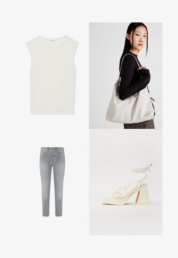 Bijela majica bez rukava s okruglim izrezom. Izrađena je od glatkog materijala, nudi opušteni kroj i minimalistički dizajn. Bez uzoraka ili ukrasa.; Sive traperice s prilagođenim krojem, koje imaju pet džepova i standardni pojas. Glatka tekstura bez vidljivih ukrasa.; Bijela sandala na visokoj potpetici s debelim petom, s remenom i vezanjem oko gležnja. Glatka tekstura s platformom sprijeda za dodatnu visinu.; Bežna torba od mekog materijala s opuštenim dizajnom, šivanim detaljima i dva remena za rame. Pogodna za svakodnevnu upotrebu.
