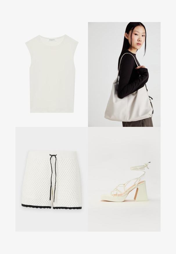 Bela brezrokavnica s okroglim izrezom. Narejena iz gladkega materiala, ima sproščen kroj in minimalističen dizajn. Brez vzorcev ali okrasnih elementov.; Bele pletene kratke hlače z teksturiranim, diamantom podobnim vzorcem. Imajo črn vrvico v pasu in valovito črno obrobo ob dnu.; Bela sandala na visokih petah s debelim petam, ki ima obliko trakcev in vezanje okoli gležnja. Gladka tekstura z platformo spredaj za dodatno višino.; Bežna torbica iz mehkega materiala, z ohlapno zasnovo, šivi in dvema naramnicama. Primerna za vsakodnevno uporabo.
