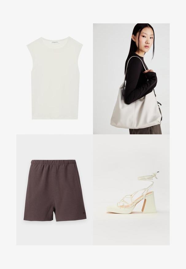 White sleeveless top with a round neckline. Made of smooth fabric, it features a relaxed fit and minimalist design. No patterns or accents.; Dark brown shorts made of textured, woven fabric. Features an elastic waistband and a small logo accent on the lower right side.; White high-heeled sandal with a chunky heel, featuring a strappy design and ankle tie. Smooth texture with a platform front for added height.; Beige handbag made of soft material, featuring a slouchy design, stitched detailing, and two shoulder straps. Suitable for everyday use.