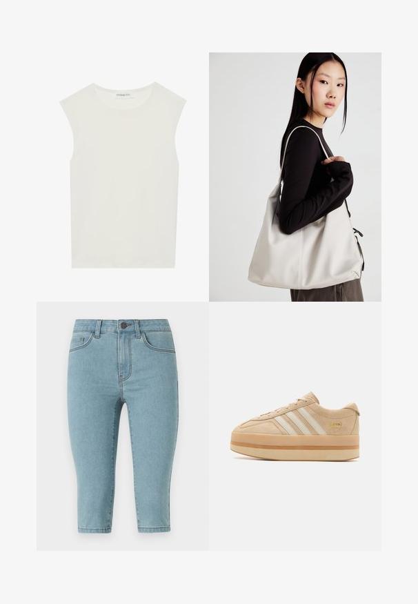 Balts bez piedurknēm tops ar apaļu kakla izgriezumu. Izgatavots no gludas auduma, tam ir brīvs piegriezums un minimālistisks dizains. Nav nekādas rakstainības vai akcentu.; Gaiši zila džinsa capri bikses ar pieguļošu dizainu, vidēja augstuma jostasvietu, piecu kabatu stilu un smalko šuvju detaļām gar šuvēm.; Bēšas zamšādas platformas sporta apavi ar baltām trim svītrām, noapaļota purngala forma un bēša gumijas zole, kurai sānos ir zelta logotipa akcents.; Bežs rokassoma, izgatavota no mīksta materiāla, ar brīvu dizainu, izšūtu apdari un divām plecu siksnām. Piemērota ikdienas lietošanai.