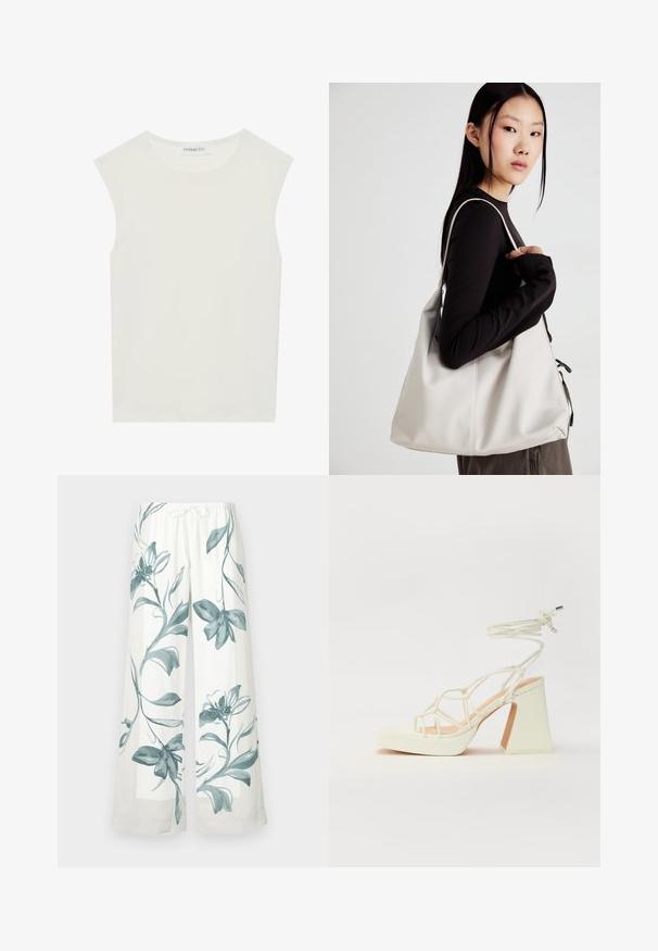 Hvit ermeløs topp med rund hals. Laget av glatt stoff, har den en avslappet passform og minimalistisk design. Ingen mønstre eller detaljer.; Høytlivete, vide bukser i hvitt stoff med blå blomster mønstre. Elastisk midje med snøring, jevn tekstur, avslappet design.; Hvit høyhælte sandal med kraftig hæl, med en stroppe-design og ankelbånd. Glatt tekstur med plattform foran for ekstra høyde.; Beige håndveske laget av mykt materiale, med en slapp design, sydd detaljer og to skulderstropper. Passer for daglig bruk.
