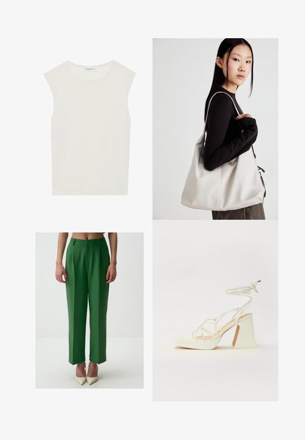 Witte mouwloze top met een ronde halslijn. Gemaakt van gladde stof, het heeft een losse pasvorm en een minimalistisch ontwerp. Geen patronen of accenten.; Groene, op maat gemaakte broek met een rechte pasvorm, uitgerust met een gladde textuur, verborgen voorzakken en een klassieke tailleband.; Witte hoge hakken sandaal met een chunky hak, met een bandjesontwerp en enkelband. Gladde textuur met een plateau voor extra hoogte.; Beige handtas gemaakt van zacht materiaal, met een slonzig ontwerp, gestikte details en twee schouderbanden. Geschikt voor dagelijks gebruik.