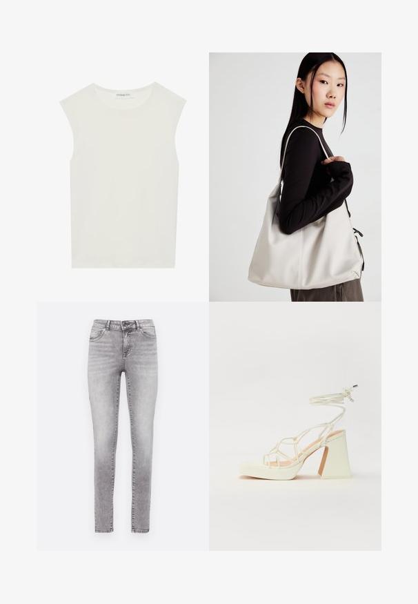 Top branco sem mangas com decote redondo. Feito de um tecido liso, apresenta um corte descontraído e um design minimalista. Sem padrões ou detalhes.; Jeans skinny em um tom cinza desbotado, feitos de denim. Apresentam um fecho com botão e zíper, cinco bolsos e um efeito sutil de desgaste.; Sandálias brancas de salto alto com um salto robusto, apresentando um design com tiras e amarração no tornozelo. Textura suave com uma plataforma na frente para altura adicional.; Uma bolsa bege feita de material macio, com um design descontraído, detalhes de costura e duas alças para o ombro. Adequada para uso diário.