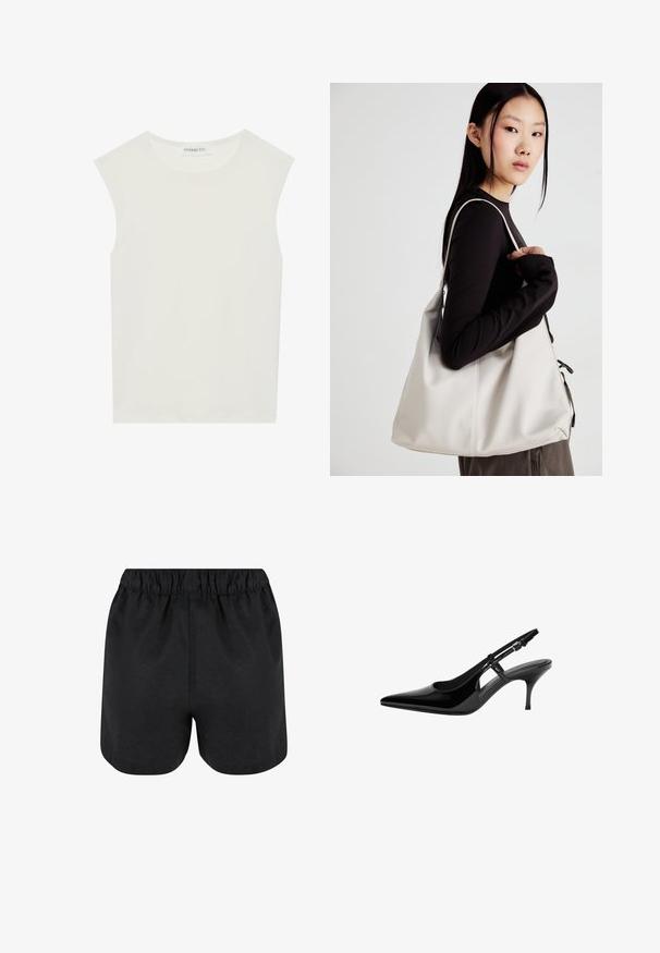 Top alb fără mâneci, cu decolteu rotund. Fabricat dintr-un material neted, prezintă o croială lejeră și un design minimalist. Fără modele sau accente.; Pantaloni scurți negri cu un talie elastică. Material moale, design simplu și un tiv ușor rotunjit la baza. Fără modele sau logo-uri vizibile.; Pump slingback din piele lacuită neagră, cu vârf ascuțit, decupaje laterale deschise, toc subțire și curea ajustabilă pentru gleznă.; Geantă bej din material moale, cu un design lejer, detalii cusute și două bretele pentru umăr. Potrivită pentru utilizarea zilnică.
