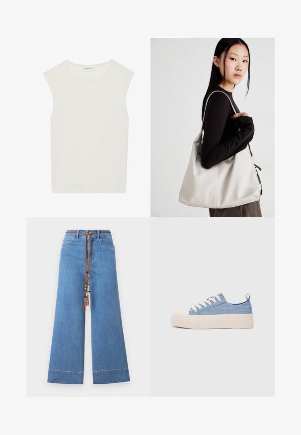 Balta be rankovių palaidinė su apvaliu kaklu. Pagaminta iš lygios medžiagos, ji turi laisvą siluetą ir minimalistinį dizainą. Be raštų ar akcentų.; Šviesiai mėlynos plačios džinsinės kelnės su nertomis rudos spalvos raišteliais juosmenyje, dekoruotos karoliukais ir tradicine penkių kišenių forma.; Šviesiai mėlyni drobės sportbačiai su kreminiu guminiu pirštų apsaugos ir pado elementu, balti raišteliai ir kilpa ant kulno.; Bežinė rankinė, pagaminta iš minkštos medžiagos, turinti laisvą dizainą, siuvinėtas detalės ir dvi petnešos. Tinkama kasdieniam naudojimui.