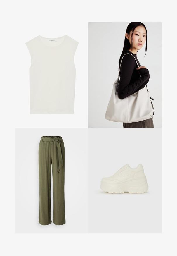 Haut sans manches blanc avec un col rond. Fabriqué en tissu lisse, il présente une coupe décontractée et un design minimaliste. Pas de motifs ni d'accents.; Pantalons en vert olive, fabriqués en tissu léger. Dotés d'une jambe large, d'une taille élastique et d'une ceinture en tissu avec un détail en nœud.; Baskets plateformes blanches avec une tige en simili cuir lisse, une forme arrondie, un col rembourré et une semelle en caoutchouc texturé avec des crampons définis.; Sac à main beige en matériau souple, avec un design décontracté, des détails cousus et deux poignées. Idéal pour un usage quotidien.