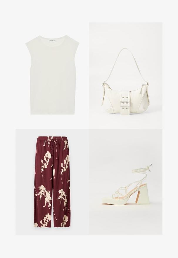 Fehér ujjatlan felső, kerek nyakkivágással. Simább anyagból készült, laza fazonnal és minimalista kialakítással rendelkezik. Nincsenek minták vagy díszítések.; Burgundivörös, bő szárú nadrág könnyű anyagból, krémszínű virágmintával, rugalmas derékpánttal és zsinórral, valamint két oldalzsebbel.; Fehér, magassarkú szandál vastag sarokkal, pántos dizájnnal és bokapánttal. Sima textúra, elülső platformmal a megnövelt magasság érdekében.; Fehér válltáska texturált felülettel, középen csattogó részlettel és íves formával. Cipzáras záródás mindkét oldalon.