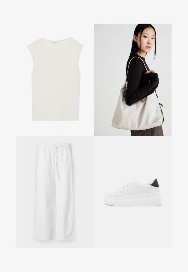 Biely bezrukávový top s okrúhlym výstrihom. Vyrobený z hladkého materiálu, má uvoľnený strih a minimalistický dizajn. Žiadne vzory alebo akcenty.; Biele textúrované nohavice širokého strihu s elastickým pásom a nastaviteľným šnúrkovým pásom. Jednoduchý, minimalistický dizajn bez ozdôb.; Biele platformové tenisky vyrobené z hladkého syntetického materiálu, so zaoblenou špičkou, šnurovacím dizajnom a textúrovanou gumovou podrážkou. Čierny akcent na päte.; Béžová kabelka vyrobená z mäkkého materiálu, s uvoľneným dizajnom, prišitými detailmi a dvoma popruhmi na nosenie na pleciach. Vhodná na každodenné nosenie.