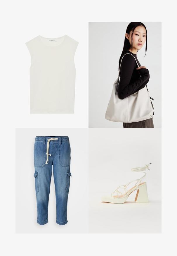 Top branco sem mangas com decote redondo. Feito de um tecido liso, apresenta um corte descontraído e um design minimalista. Sem padrões ou detalhes.; Calças de ganga cargo azul com cintura ajustável por cordão, bolsos laterais e punhos enroláveis, apresentando um acabamento suave e texturizado.; Sandálias brancas de salto alto com um salto robusto, apresentando um design com tiras e amarração no tornozelo. Textura suave com uma plataforma na frente para altura adicional.; Uma bolsa bege feita de material macio, com um design descontraído, detalhes de costura e duas alças para o ombro. Adequada para uso diário.