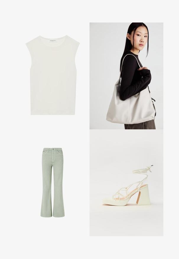 White sleeveless top with a round neckline. Made of smooth fabric, it features a relaxed fit and minimalist design. No patterns or accents.; Green corduroy flared jeans with a mid-rise waist, featuring front pockets, a button closure, and a soft texture.; White high-heeled sandal with a chunky heel, featuring a strappy design and ankle tie. Smooth texture with a platform front for added height.; Beige handbag made of soft material, featuring a slouchy design, stitched detailing, and two shoulder straps. Suitable for everyday use.