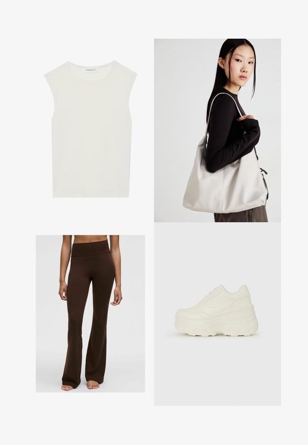 Hvid ærmeløs top med rund halsudskæring. Lavet af glat stof, har den en afslappet pasform og minimalistisk design. Ingen mønstre eller accenter.; Brune flagrende bukser lavet af strækbart stof, med høj talje og glat tekstur, samt et tætsiddende oberste del og flagrende bendesign.; Hvide platform sneakers med en glat læderlignende overdel, rund form, polstret krave og struktureret gummisål med definerede riller.; Beige håndtaske lavet af blødt materiale med et slouchy design, stikninger og to skulderremme. Velegnet til daglig brug.