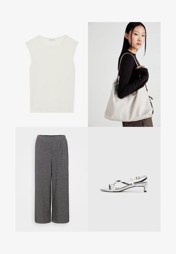 Bela brezrokavnica s okroglim izrezom. Narejena iz gladkega materiala, ima sproščen kroj in minimalističen dizajn. Brez vzorcev ali okrasnih elementov.; Hlače širokega kroja iz teksturiranega temno sivega blaga. Imajo elastičen pas in srednje gubice za sproščen fit. Žepi niso vidni.; Srebrne metalne sandale na peto s crisscross naramnicami in gladko teksturo. Minimalističen dizajn.; Bežna torbica iz mehkega materiala, z ohlapno zasnovo, šivi in dvema naramnicama. Primerna za vsakodnevno uporabo.
