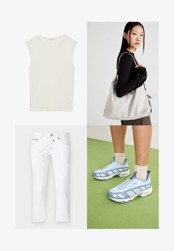 Bijela majica bez rukava s okruglim izrezom. Izrađena je od glatkog materijala, nudi opušteni kroj i minimalistički dizajn. Bez uzoraka ili ukrasa.; Bijele traperice uskog kroja s pet džepova i kopčanjem na dugme. Sadrže metalni logo kao naglasak na struku. Glatka tekstura.; Svijetloplave atletske cipele s bijelim naglascima, teksturiranim panelima i zatvaranjem na patentni zatvarač. Imaju vidljivu zračnu amortizaciju i gumeni potplat.; Bežna torba od mekog materijala s opuštenim dizajnom, šivanim detaljima i dva remena za rame. Pogodna za svakodnevnu upotrebu.