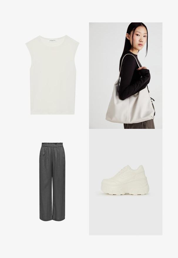 Weißes ärmelloses Top mit rundem Ausschnitt. Hergestellt aus glattem Stoff, hat es einen lässigen Schnitt und minimalistisches Design. Keine Muster oder Akzente.; Graue, weit geschnittene Hosen aus weichem Stoff mit elastischem Bund. Sie verfügen über einen lockeren Schnitt und eine glatte Textur.; Weiße Platform Sneakers mit einem glatten, lederähnlichen Obermaterial, abgerundeter Form, gepolstertem Kragen und strukturierten Gummisohlen mit ausgeprägten Stollen.; Beige Handtasche aus weichem Material, mit einem lässigen Design, gesteppten Details und zwei Schulterriemen. Geeignet für den täglichen Gebrauch.