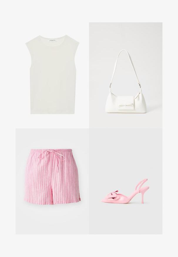 White sleeveless top with a round neckline. Made of smooth fabric, it features a relaxed fit and minimalist design. No patterns or accents.; Pink striped shorts with an elastic waistband and drawstring, featuring a lightweight fabric and a relaxed fit. Accented with side slits.; Pink patent leather slingback heels with a pointed toe, decorative bow on the front, and a slim stiletto heel. Smooth texture.; White synthetic handbag with a triangular shape, flat front flap and bow detail, adjustable strap, smooth texture, and minimalistic design.
